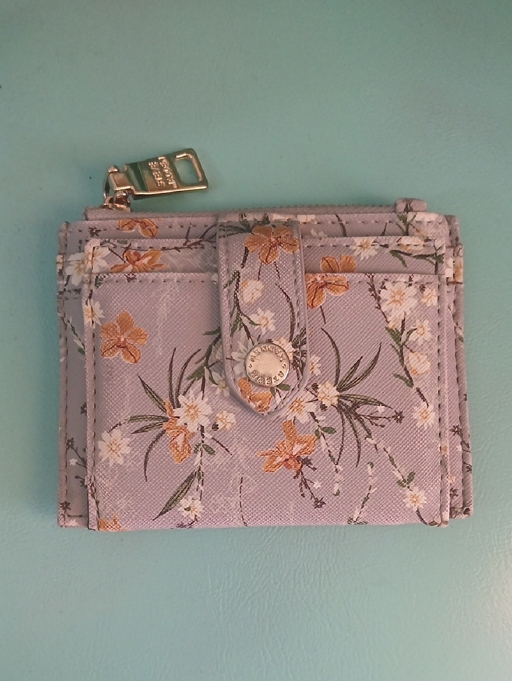 Steve Madden Lavender Floral Snap Card Wallet with Gold Hardware